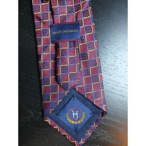HENRY JACOBSON 100% Silk Tie Necktie Designer Gold/Blue/Red Businessman #397C‎